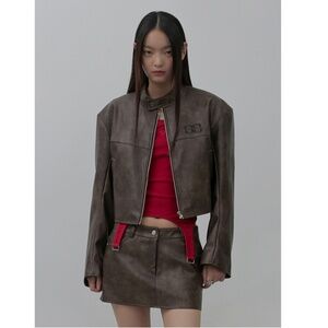 SAYSRA Brown Faux Leather Boxy Moto Jacket $164 NWOT S/M